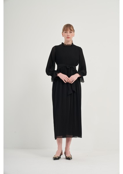 Kadın Plise Şifon Elbise Siyah 31019