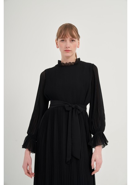 Kadın Plise Şifon Elbise Siyah 31019 fırsatları