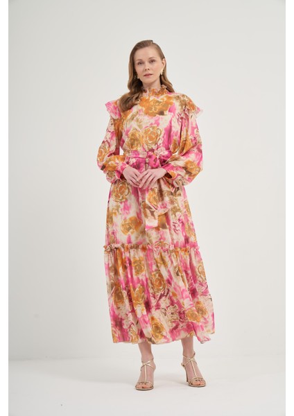 Kadın İpek Şifon Elbise Pembe 31038