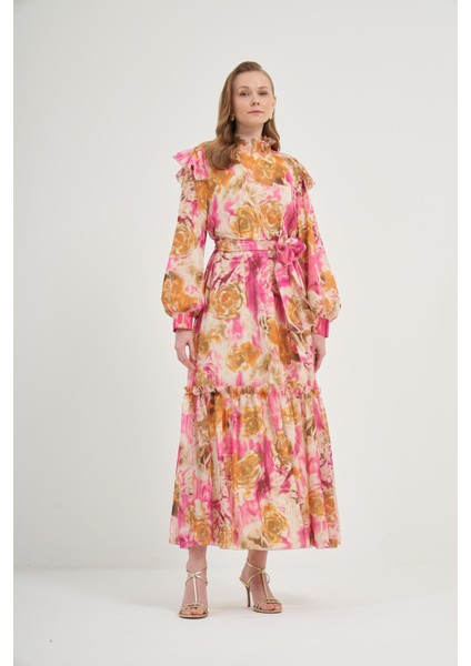 Kadın İpek Şifon Elbise Pembe 31038 modelleri