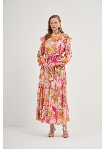 Kadın İpek Şifon Elbise Pembe 31038 indirimleri