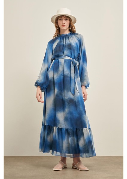 Kadın İpek Saten Elbise İndigo 31039