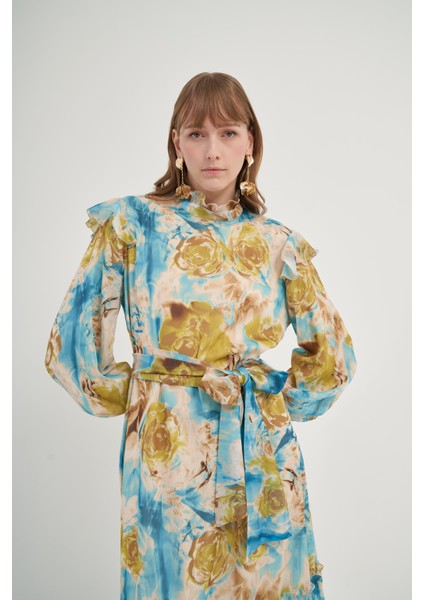 Kadın İpek Şifon Elbise Mavi 31038 modelleri