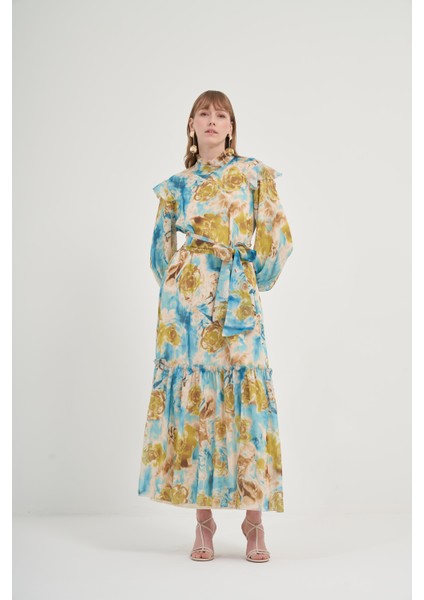 Kadın İpek Şifon Elbise Mavi 31038 indirimleri