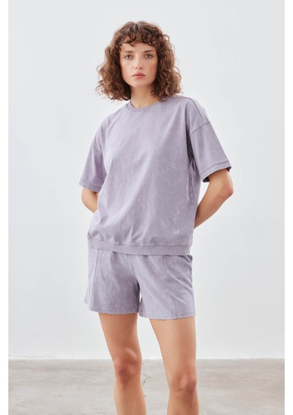 Kadın Pamuklu Yıkamalı Kısa Kollu T-Shirt