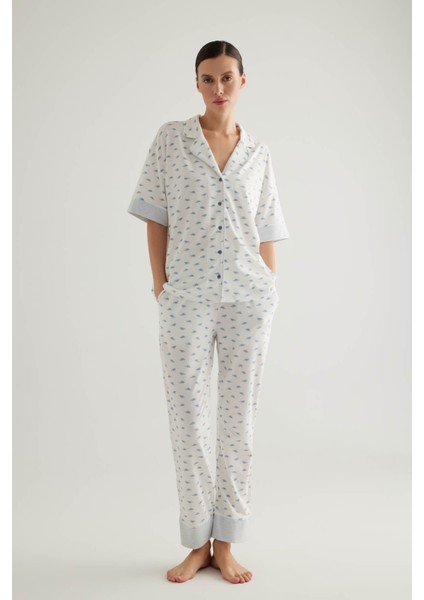 Kadın Pamuklu Gömlek Yaka Pantolon Pijama Takımı