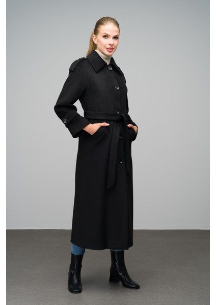 Gömlek Yaka Apolet Detaylı Oversize Uzun Kaban Siyah 3064