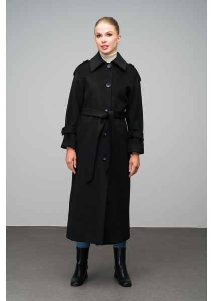 Gömlek Yaka Apolet Detaylı Oversize Uzun Kaban Siyah 3064 modelleri