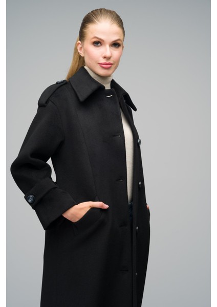 Gömlek Yaka Apolet Detaylı Oversize Uzun Kaban Siyah 3064 fırsatları