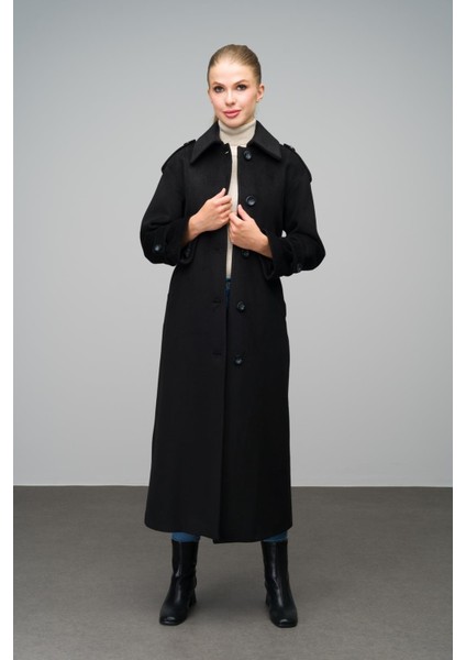 Gömlek Yaka Apolet Detaylı Oversize Uzun Kaban Siyah 3064 indirimleri