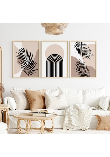 Bej Vizon Boho 3'lü Tablo Seti, Boho Salon Tablosu, Yatak Odası Tablosu