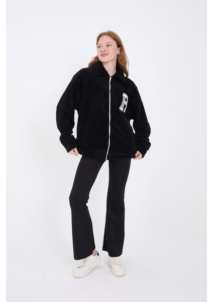 Siyah Yumoş Kumaş Oversize Fermuarlı Hırka