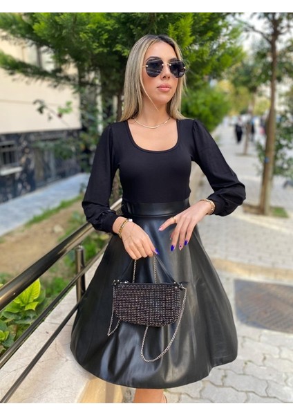 Kadın Uzun Kollu Üst Viskon Alt Kloş Deri Elbise
