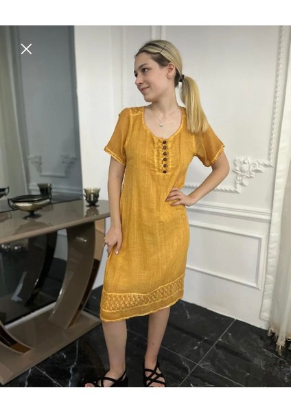 Kadın Antik Dokuma Hardal Dantel Detaylı Organik Pamuk Ellbise/S Beden