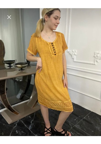 Kadın Antik Dokuma Hardal Dantel Detaylı Organik Pamuk Ellbise/S Beden fırsatları
