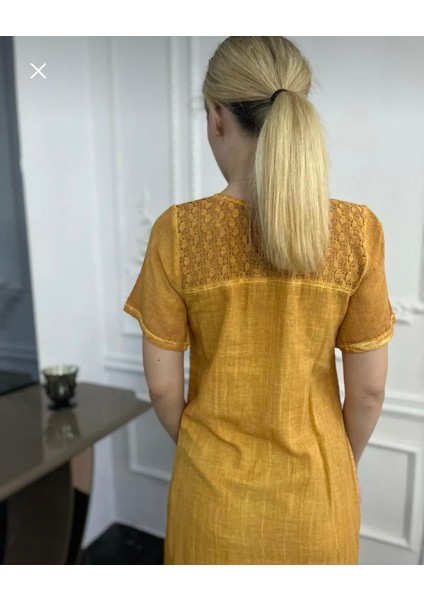 Kadın Antik Dokuma Hardal Dantel Detaylı Organik Pamuk Ellbise/S Beden fiyatları