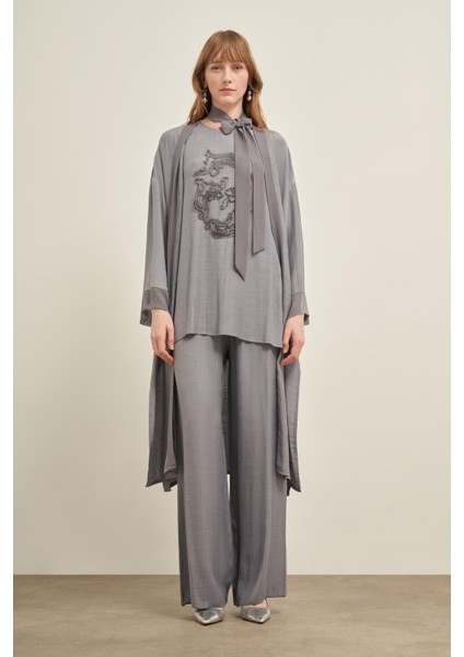 Kadın Nakışlı 3'lü Keten Takım Gri 30760