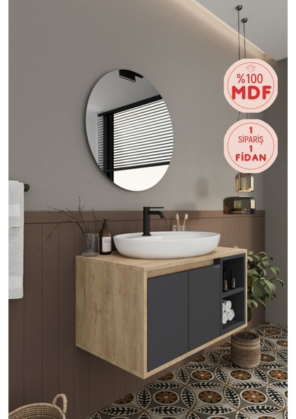 Banyo Gül 80 cm Demonte Banyo Dolabı Ayna Lavabo