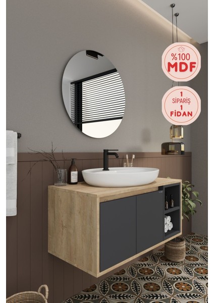 Banyo Gül 90 cm Demonte Banyo Dolabı Ayna Lavabo