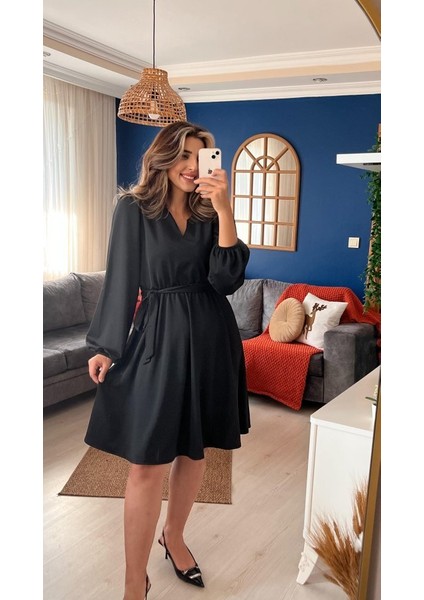 Kadın Uzun Kollu V Yakalı Belden Kuşaklı Kiloş Krep Elbise