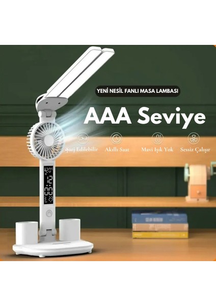 Çok Fonksiyonlu Fanlı Masa Lambası Saat+Tarih+Derece+Kalemlik+Telefon Stand Şarjlı Lamba fiyatları
