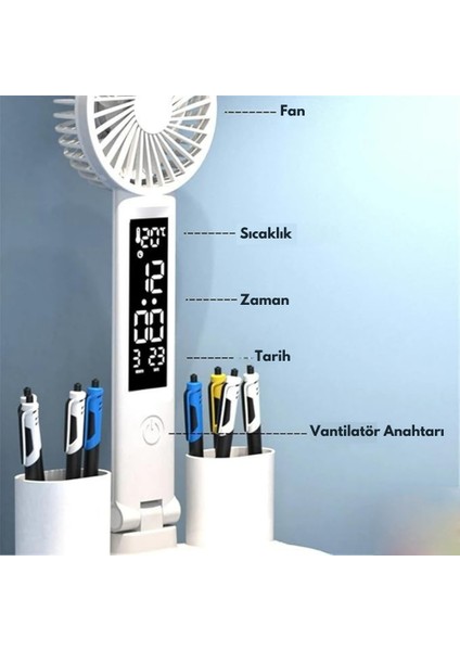 Çok Fonksiyonlu Fanlı Masa Lambası Saat+Tarih+Derece+Kalemlik+Telefon Stand Şarjlı Lamba fırsatları