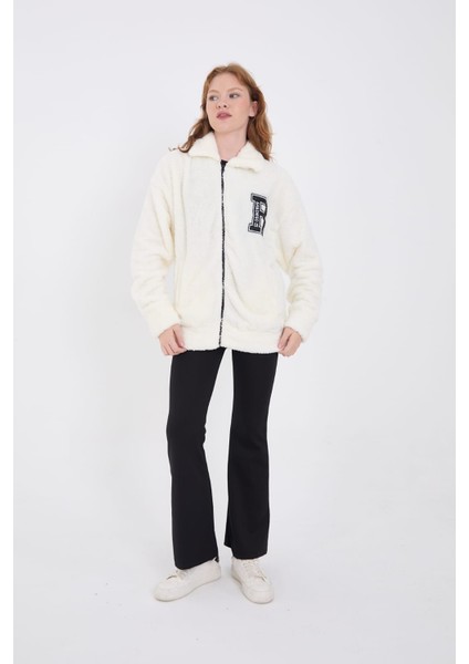 Yumoş Kumaş Oversize Fermuarlı Beyaz Hırka