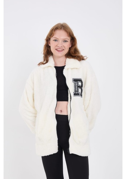 Yumoş Kumaş Oversize Fermuarlı Beyaz Hırka