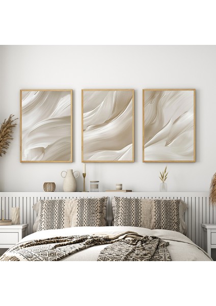 Bej Dalgalar Minimalist Tablo Seti, Salon Tablosu, Yatak Odası Tablosu