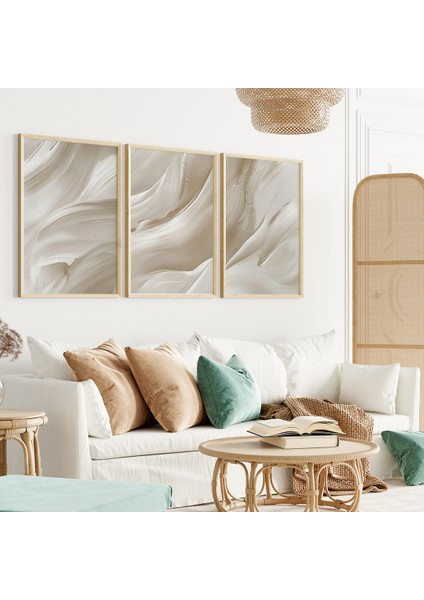 Bej Dalgalar Minimalist Tablo Seti, Salon Tablosu, Yatak Odası Tablosu