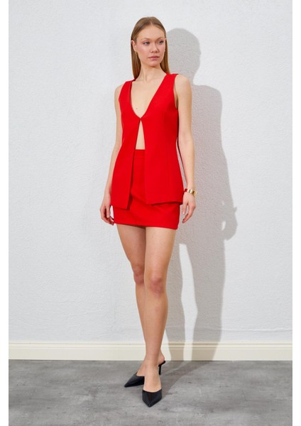 Kadın Nar Kopça Detaylı Yelekli Etek Kumaş Takım fiyatları