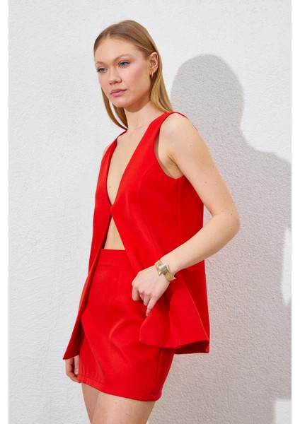 Kadın Nar Kopça Detaylı Yelekli Etek Kumaş Takım fırsatları