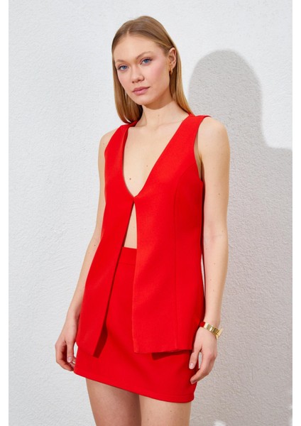 Kadın Nar Kopça Detaylı Yelekli Etek Kumaş Takım indirimleri