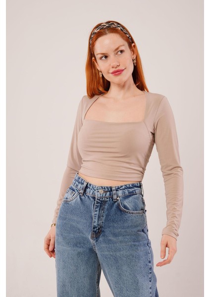 Kadın Kare Yaka Basic Krem Bluz