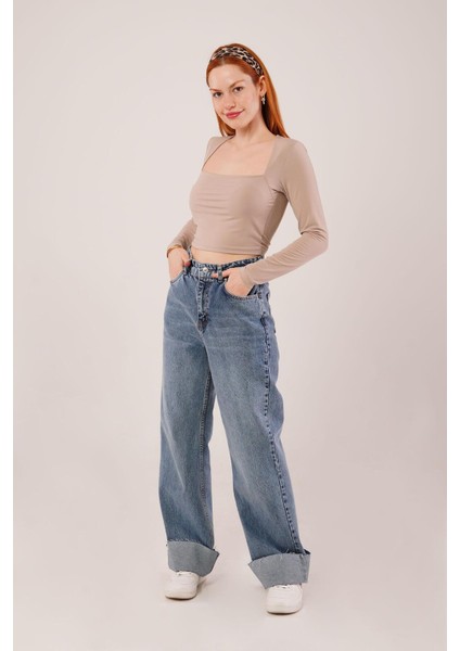 Kadın Kare Yaka Basic Krem Bluz
