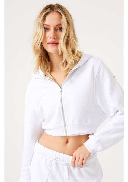 Aura Fermuarlı Crop Hoodie Beyaz
