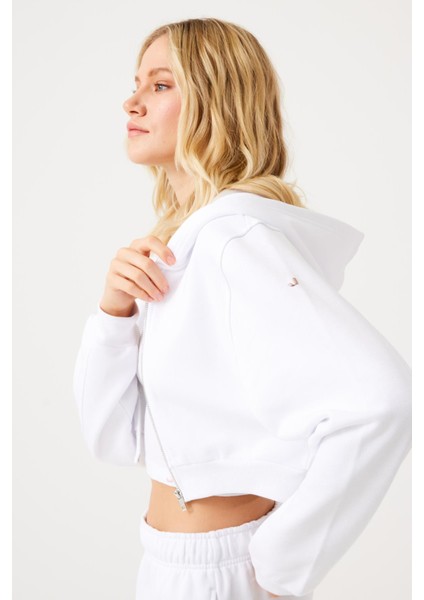 Aura Fermuarlı Crop Hoodie Beyaz