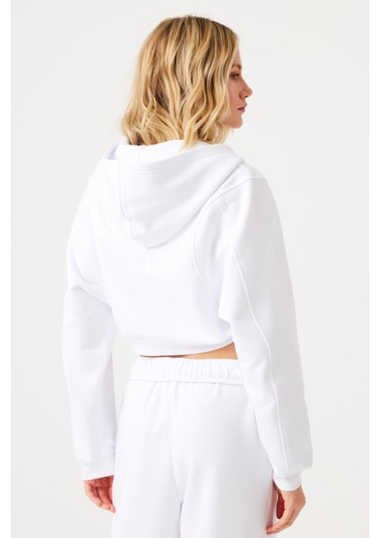 Aura Fermuarlı Crop Hoodie Beyaz