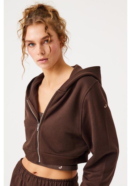 Aura Fermuarlı Crop Hoodie Kahverengi