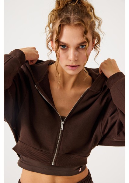 Aura Fermuarlı Crop Hoodie Kahverengi