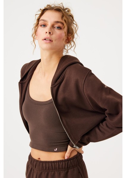 Aura Fermuarlı Crop Hoodie Kahverengi