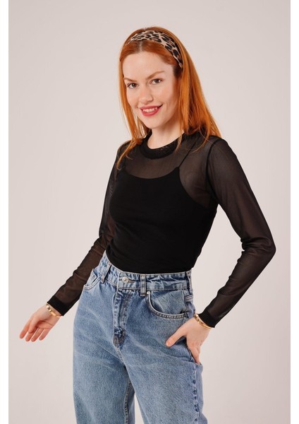 Kadın Transparan Siyah Tül Basic Bluz