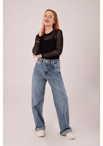 Kadın Transparan Siyah Tül Basic Bluz
