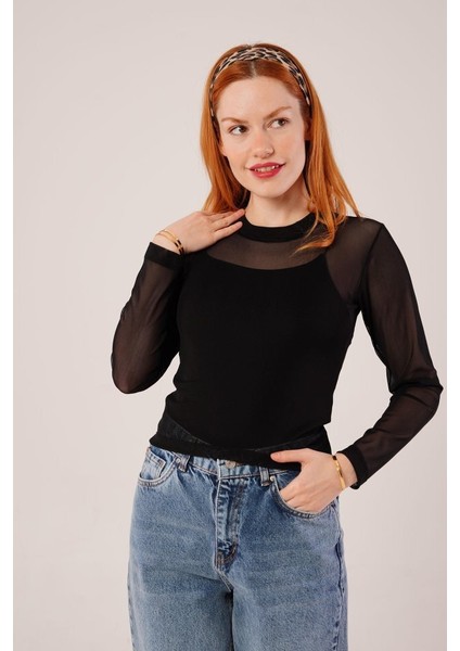 Kadın Transparan Siyah Tül Basic Bluz