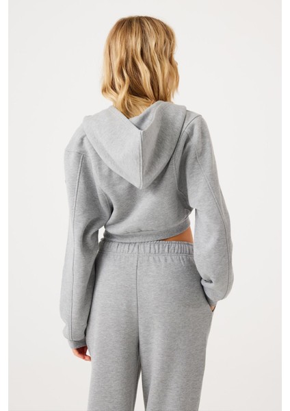 Aura Fermuarlı Crop Hoodie Gri Melanj