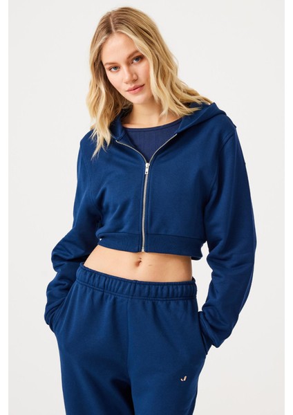 Aura Fermuarlı Crop Hoodie Lacivert