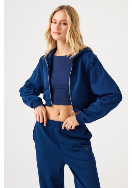 Aura Fermuarlı Crop Hoodie Lacivert modelleri
