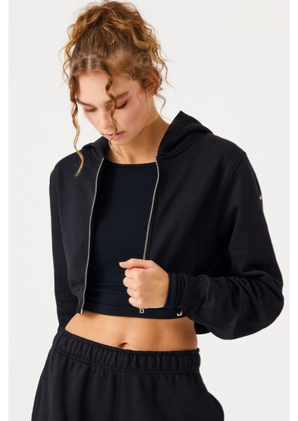 Aura Fermuarlı Crop Hoodie Siyah