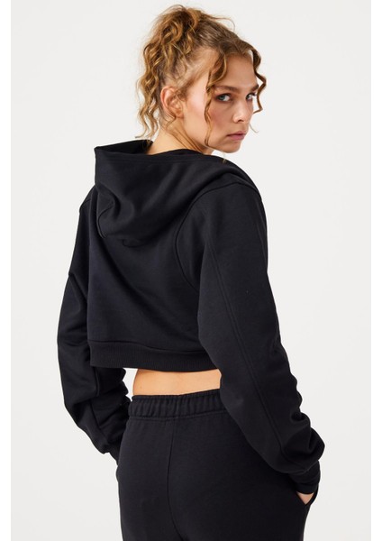 Aura Fermuarlı Crop Hoodie Siyah