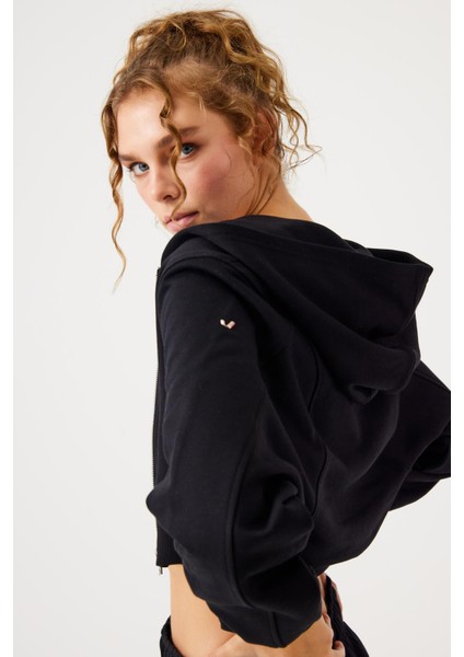 Aura Fermuarlı Crop Hoodie Siyah